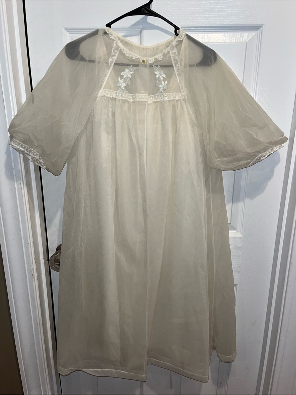 Ivory Sheer Organza Nightgown with Floral Appliqué